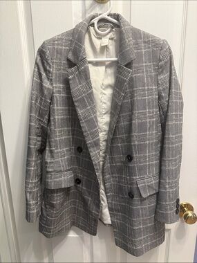 H&M Gray Plaid Double-Breasted Suit Jacket